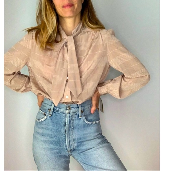 NWT Vintage Dead Stock Stripped Pussy Bow Beige Blouse - Picture 2 of 16